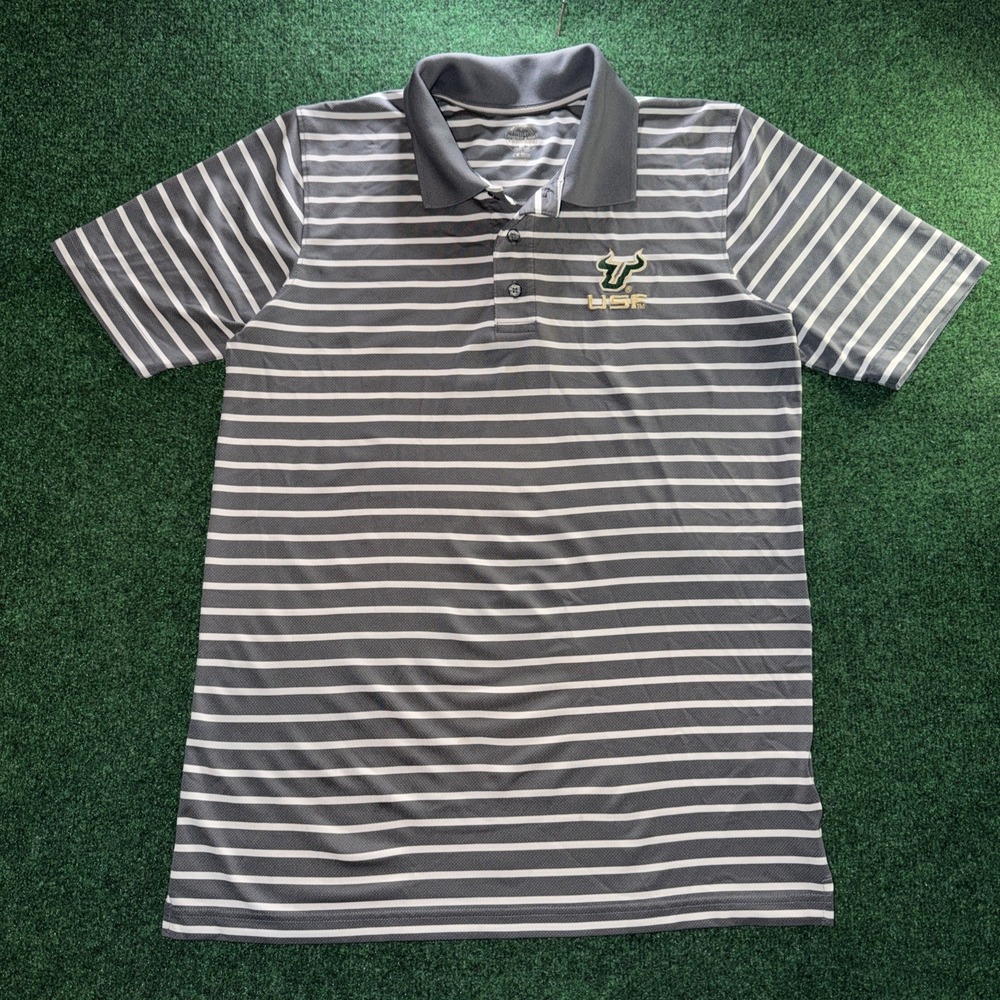 USF Bulls Polo Shirt Men's M Gray White Stripe Rivalry Threads NCAA Shirt